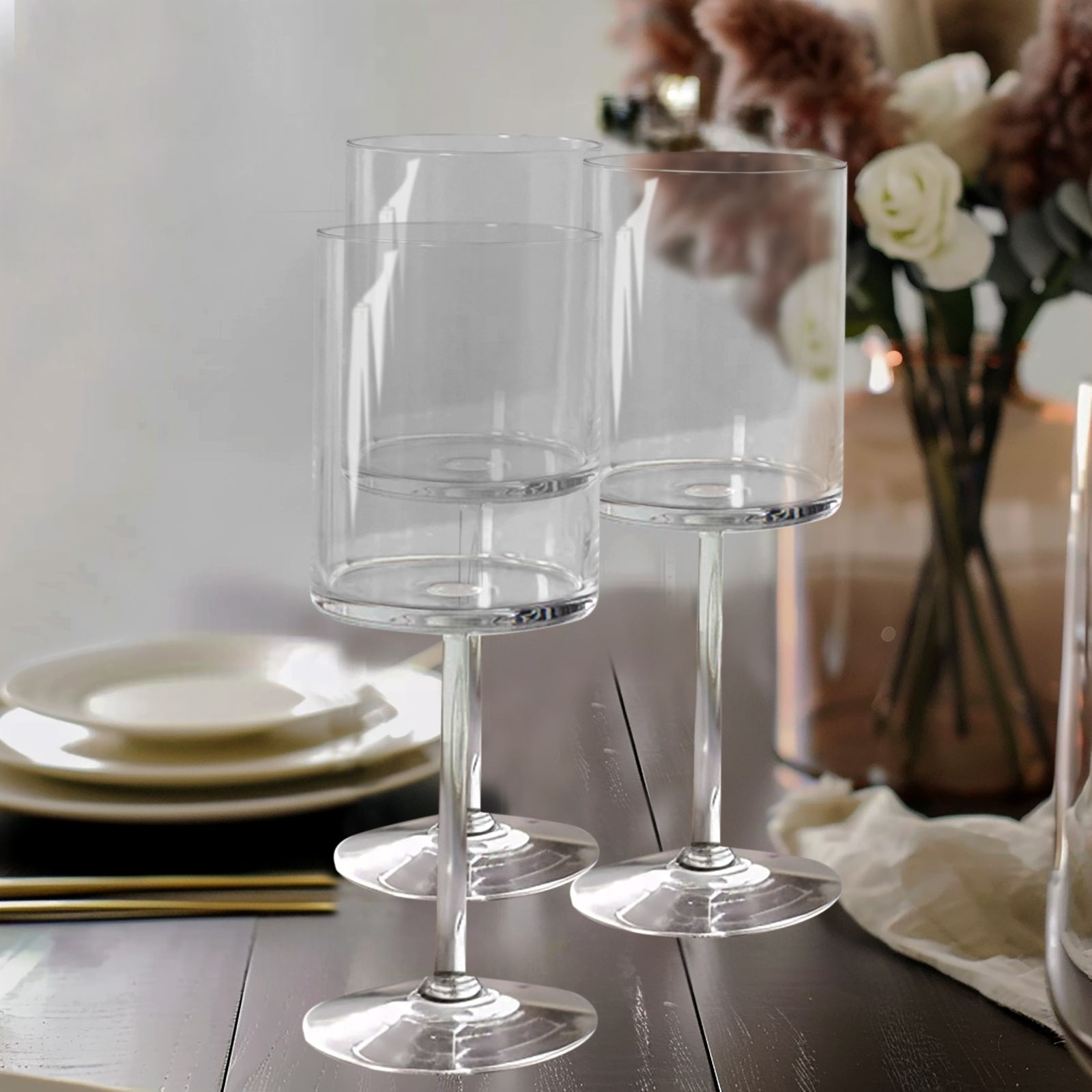 6-Pack Clear Plastic Cylindrical Wine Glasses 10oz, Long Stem - Shatterproof Reusable Cocktail Glasses